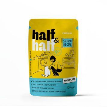 Корм вологий HalfHalf для дорослих котів шматочки з лососем у желе у формі пауча 100г 20901 фото
