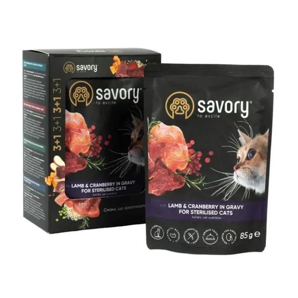 Набір паучів Savory Sterilised Cats with Lamb and Cranberries in Gravy 3+1 SV_040546 фото