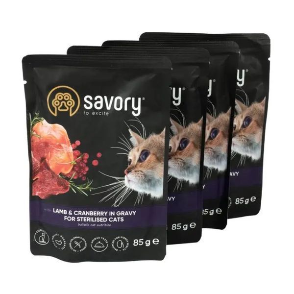 Набір паучів Savory Sterilised Cats with Lamb and Cranberries in Gravy 3+1 SV_040546 фото