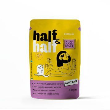 Корм вологий HalfHalf для дорослих котів шматочки з качкою у соусі у формі пауча 100г 20918 фото