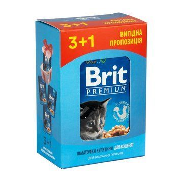 Набір паучів 3+1 Brit Premium Kitten Chicken Chunks для кошенят шматочки в соусі з куркою 4х100 г VAFO_030349 фото