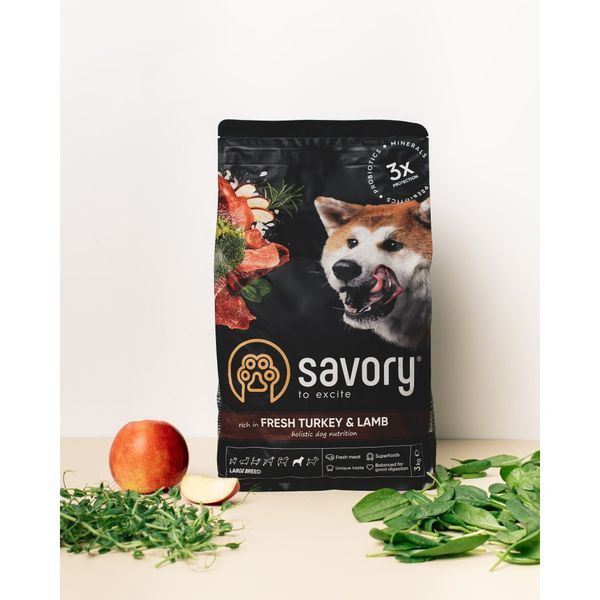 Корм сухий Savory Large Breeds rich in Fresh Turkey and Lamb для дорослих собак великих порід від 25 кг зі свіжим ягням та і 30235 фото
