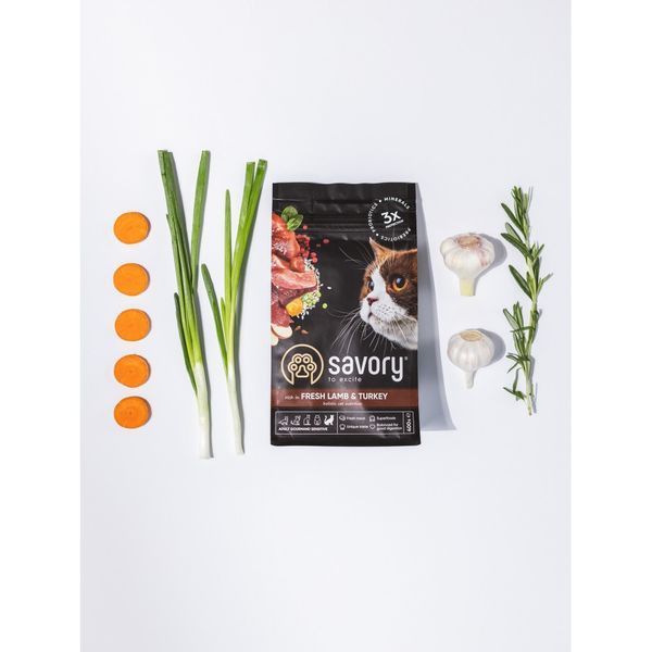 Корм сухий Savory Adult Cat Sensitive Digestion Fresh Lamb and Turkey для дорослих котів з чутливим травленням зі свіжою ягням 400 г 30075 фото