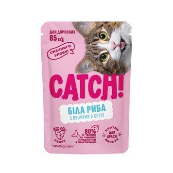 Корм вологий Catch! для дороcлих котів з білою рибою та овочами в соусі 85 г Catch_21991 фото