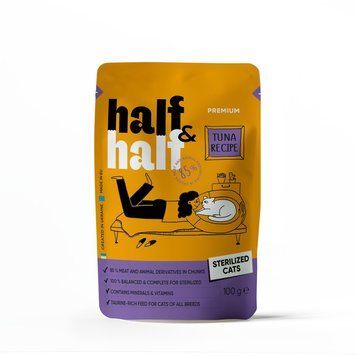 Корм вологий HalfHalf для стерилізованих котів шматочки з тунцем у соусі у формі пауча 100г 20888 фото