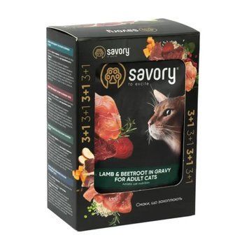 Набір паучів Savory Adult Cats with Lamb and Beetrot in Gravy 3+1 SV_040539 фото
